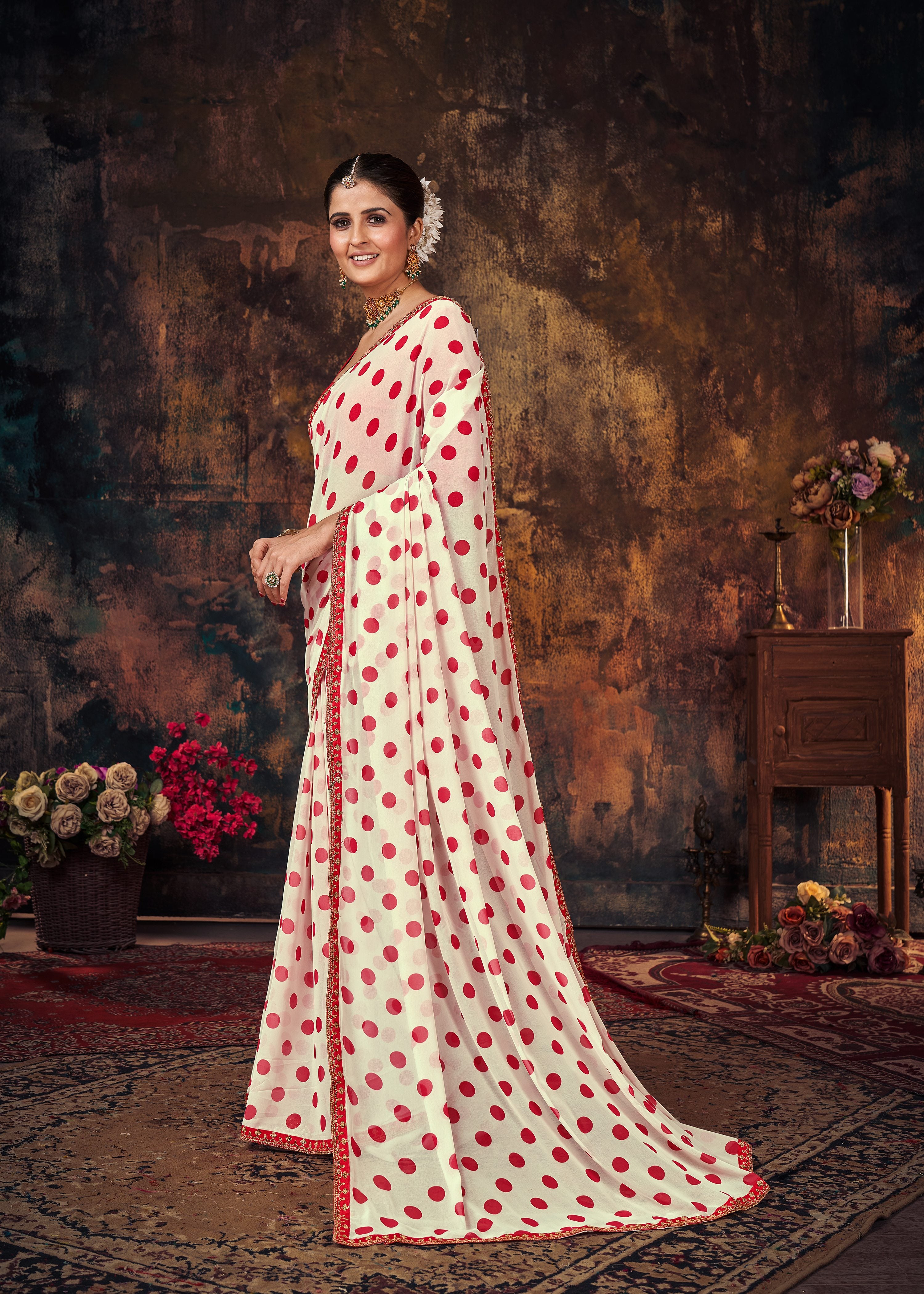 White Red Polka Dot Georgette  Printed Saree