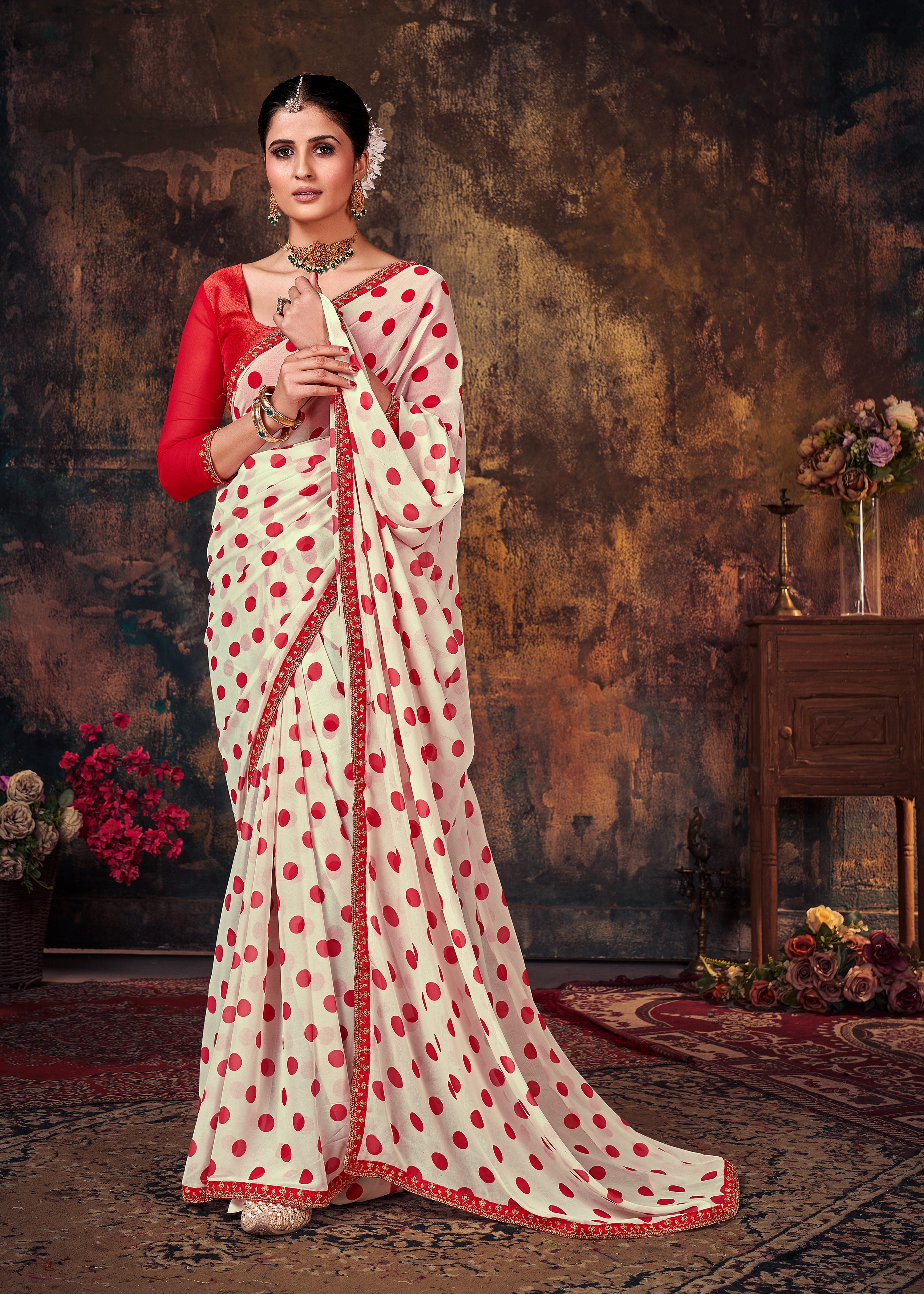 White Red Polka Dot Georgette  Printed Saree