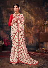 White Red Polka Dot Georgette  Printed Saree