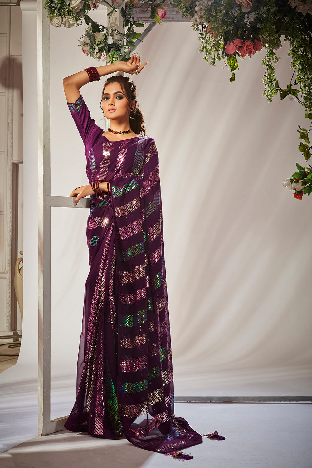 Wine Georgette Sequins Embroidery Saree