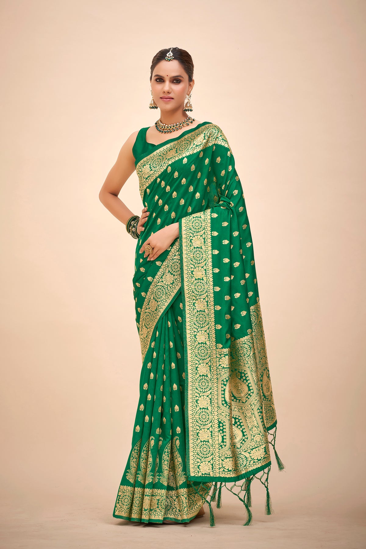 Saree tissé en soie d'art Banarasi vert sarcelle