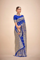 Sari tissé en soie d'art Banarasi bleu