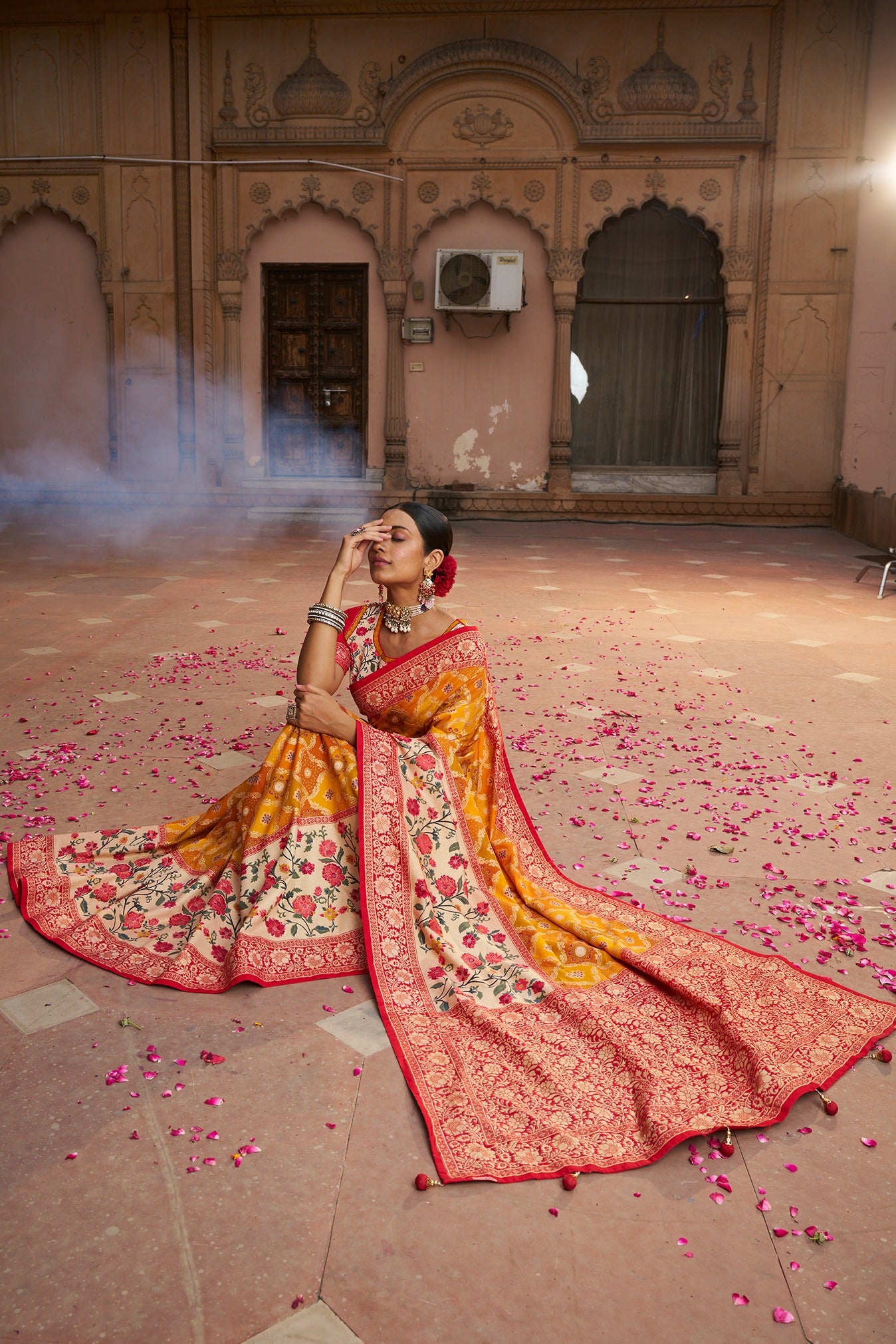 Yellowish Orange Cotton Silk Woven Saree