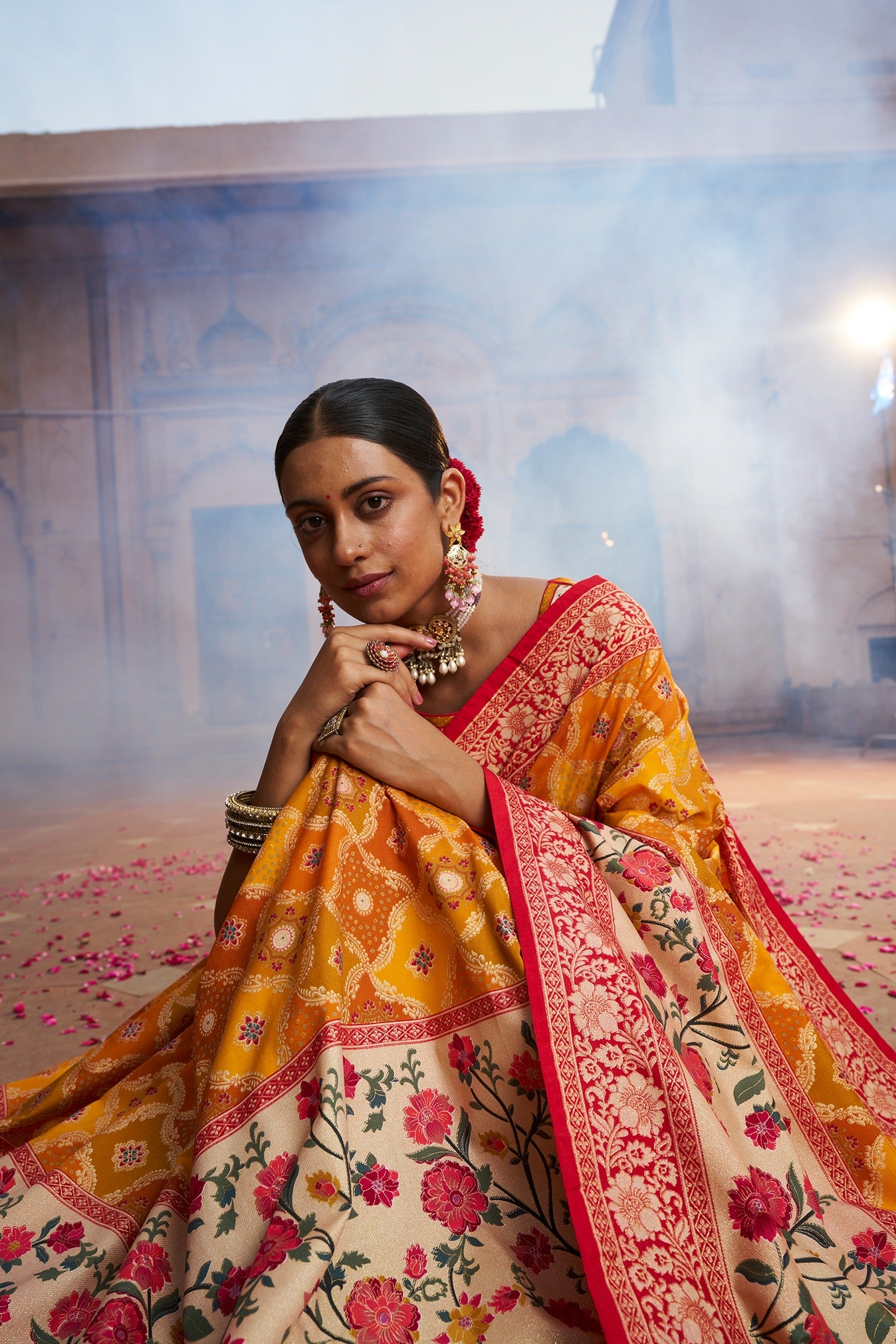 Yellowish Orange Cotton Silk Woven Saree