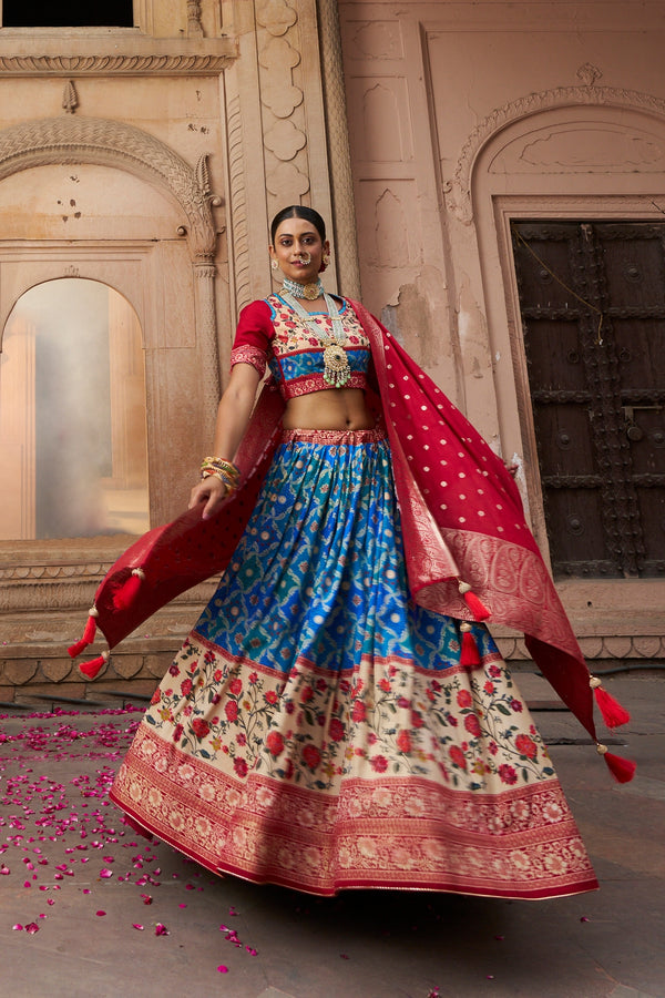 Aqua Blue Readymade Indian Cotton Silk Lehenga Choli Set for Women With Designer Blouse and Dupatta For Wedding