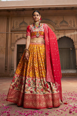 Yellowish Orange Readymade Indian Cotton Silk Lehenga Choli Set for Women With Designer Blouse and Dupatta For Wedding