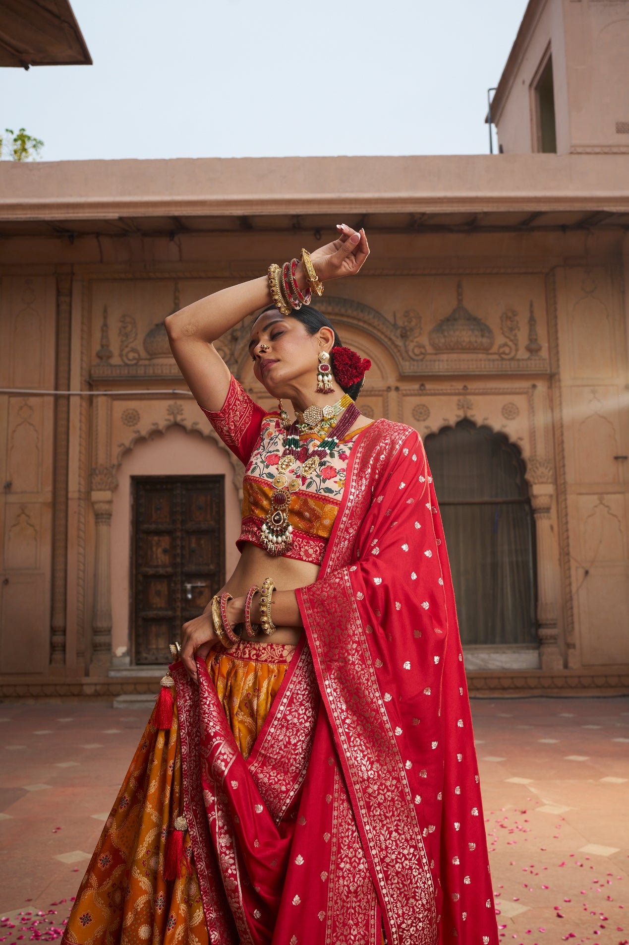 Yellowish Orange Readymade Indian Cotton Silk Lehenga Choli Set for Women With Designer Blouse and Dupatta For Wedding