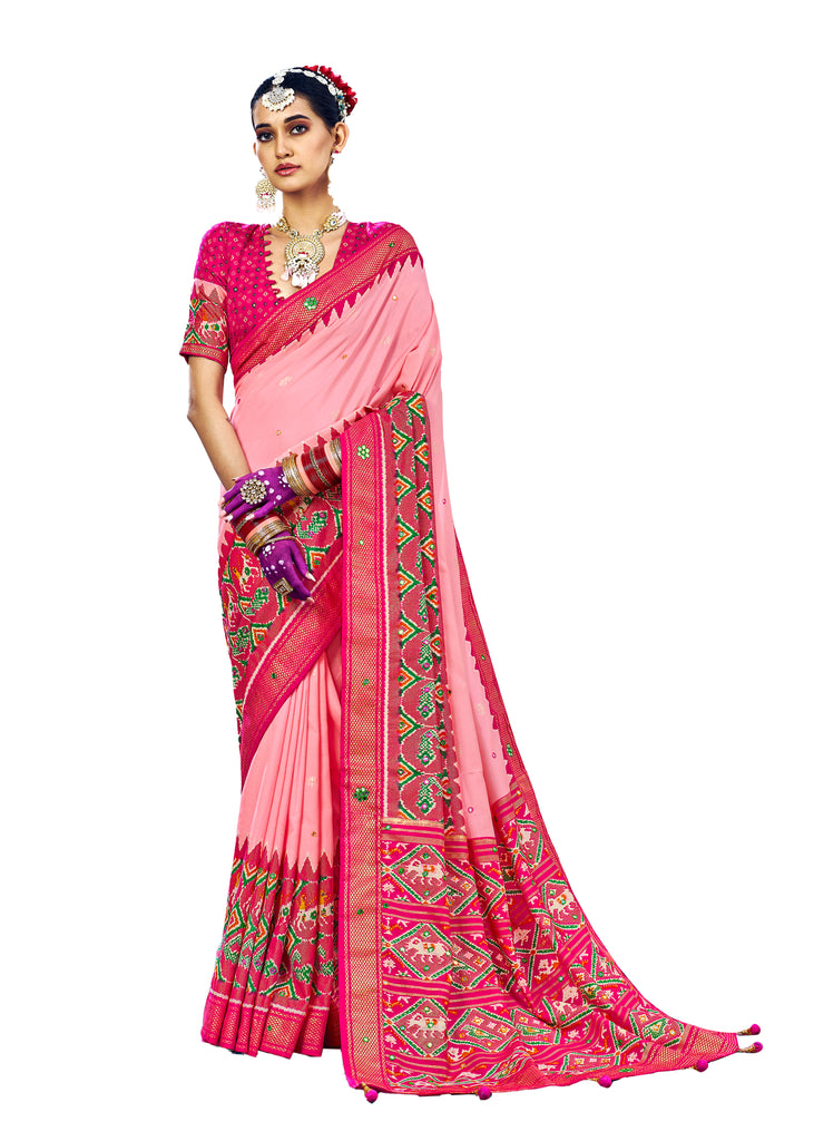 Elina Fashion Indian Cotton Silk Mirror Work Printed Saree With Unstitched Blouse Piece For Women
