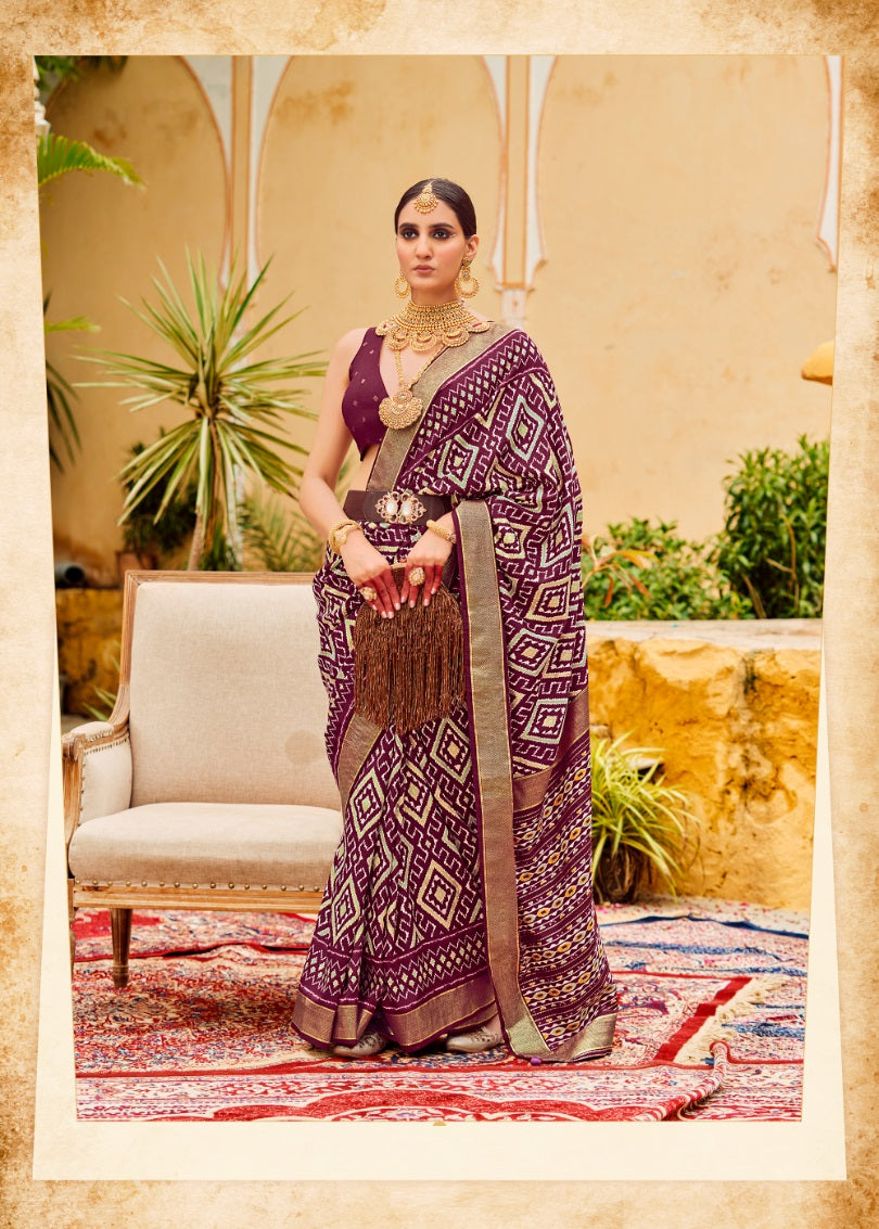 Wine Cotton Silk Chevron Print Saree