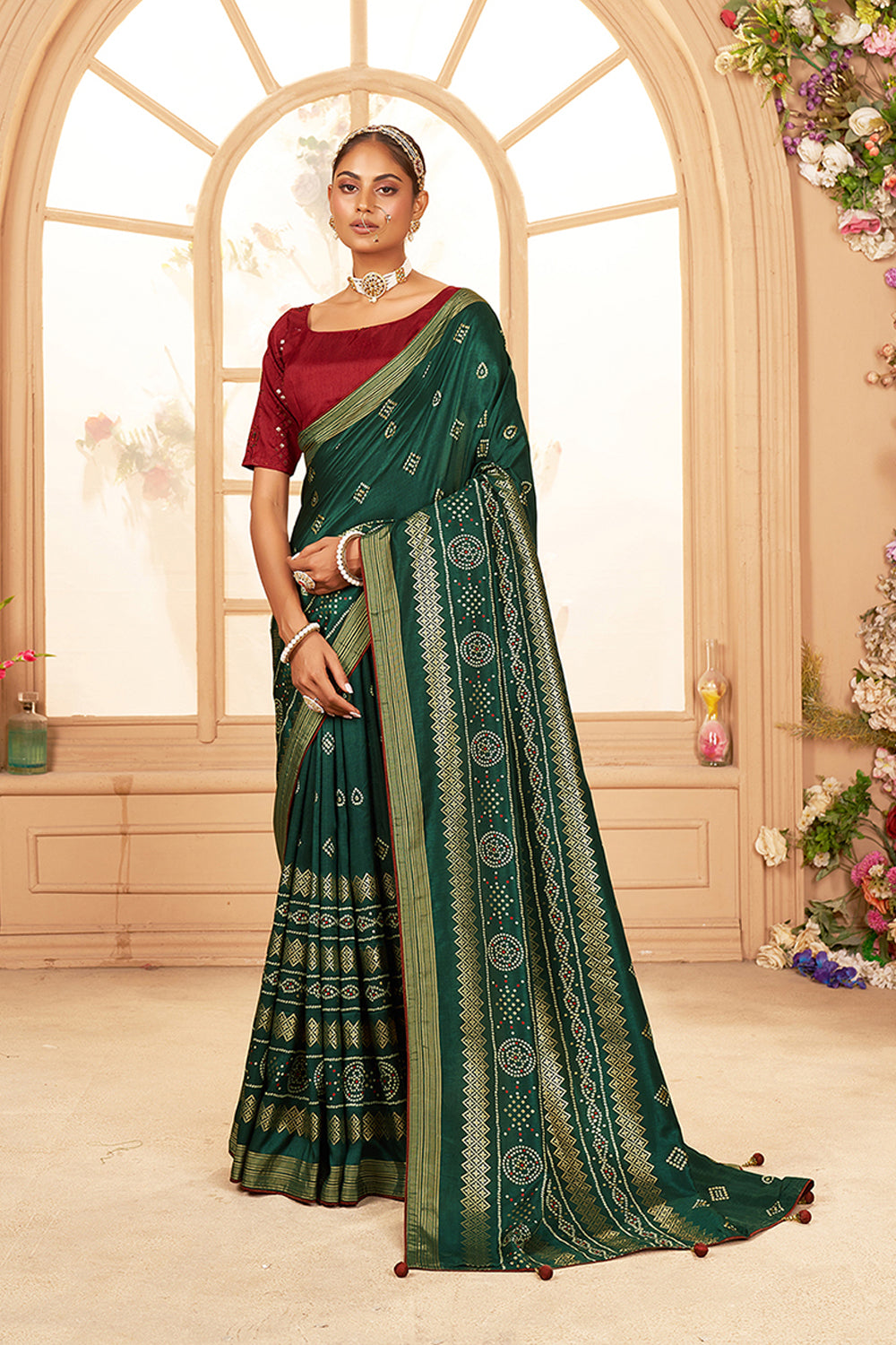 Lunar Green Cotton Silk Bandhani Print Saree