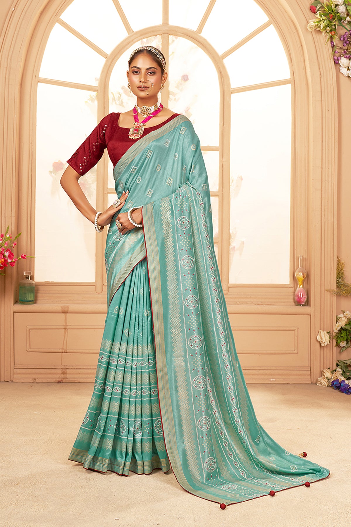 Aqua Blue Cotton Silk Bandhani Print Saree