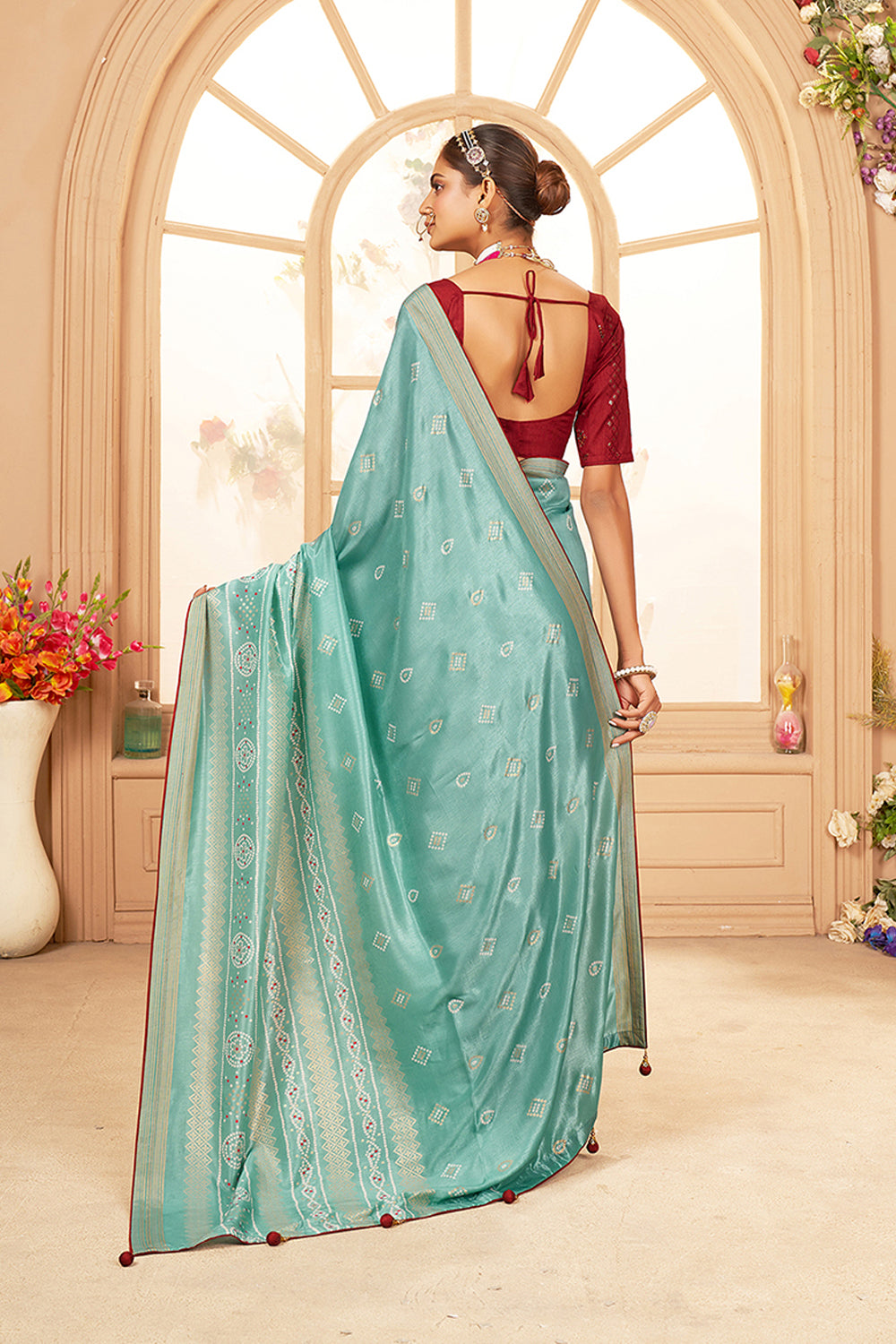 Aqua Blue Cotton Silk Bandhani Print Saree