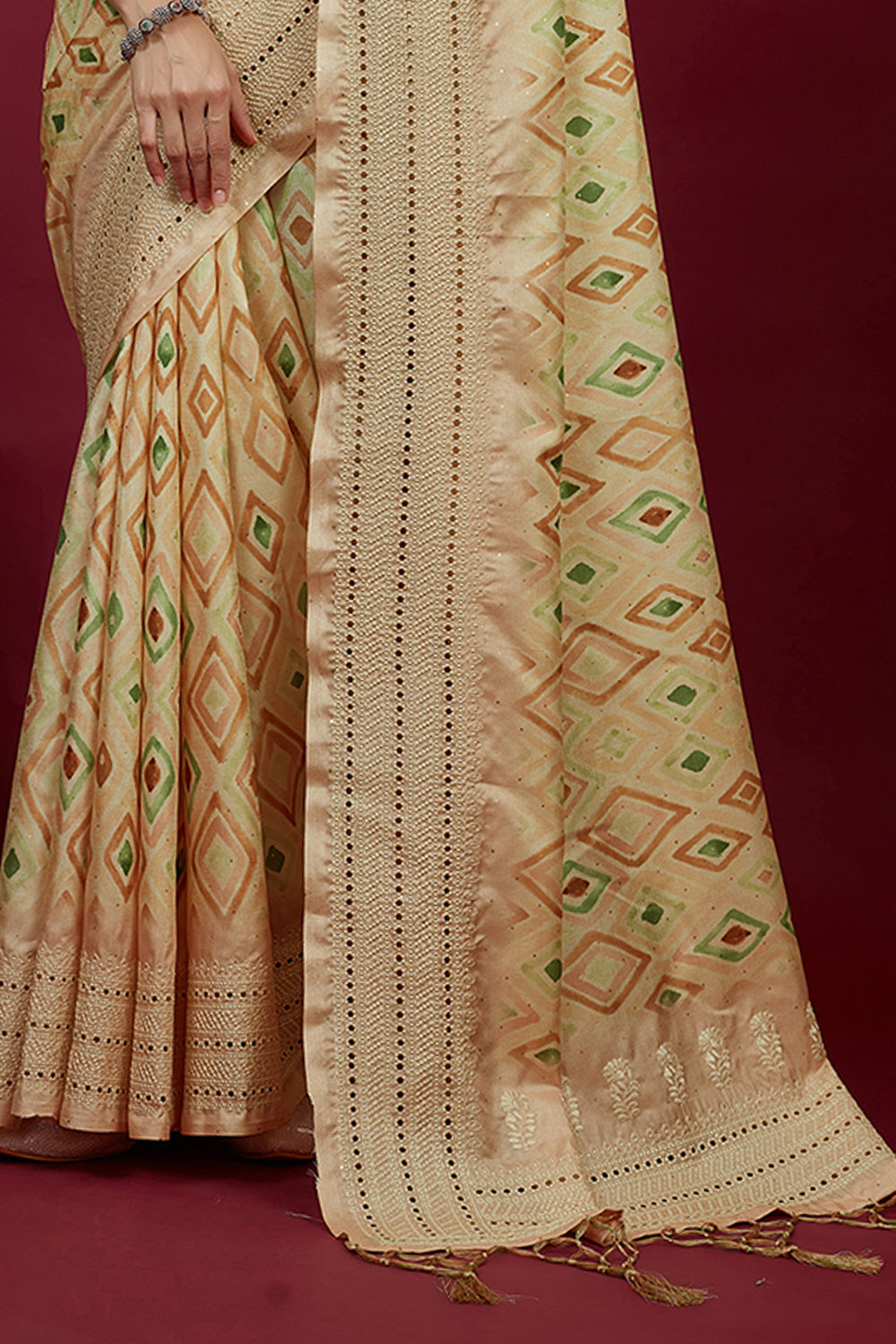 Beige Cotton Silk Chickankari Embroidery Cut Work Saree