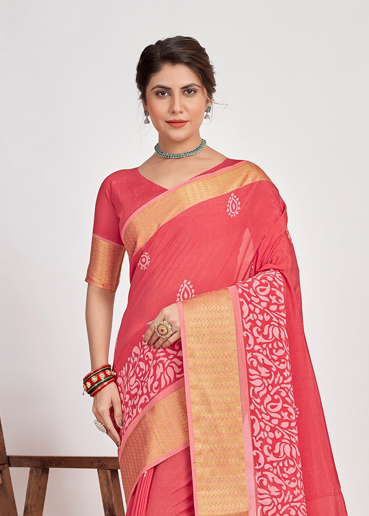 Carmine Pink Cotton Silk Batik Print Saree