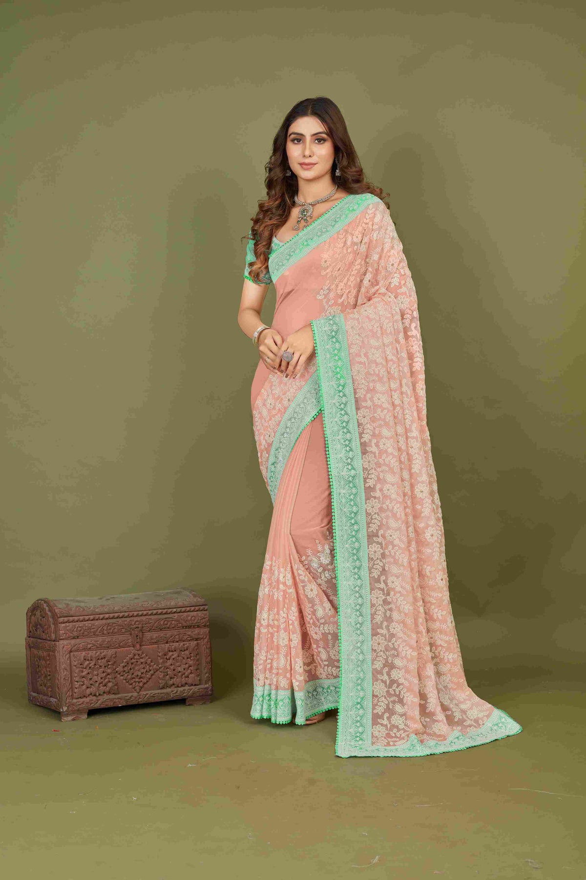 Peach Chiffon Embroidery Work Saree