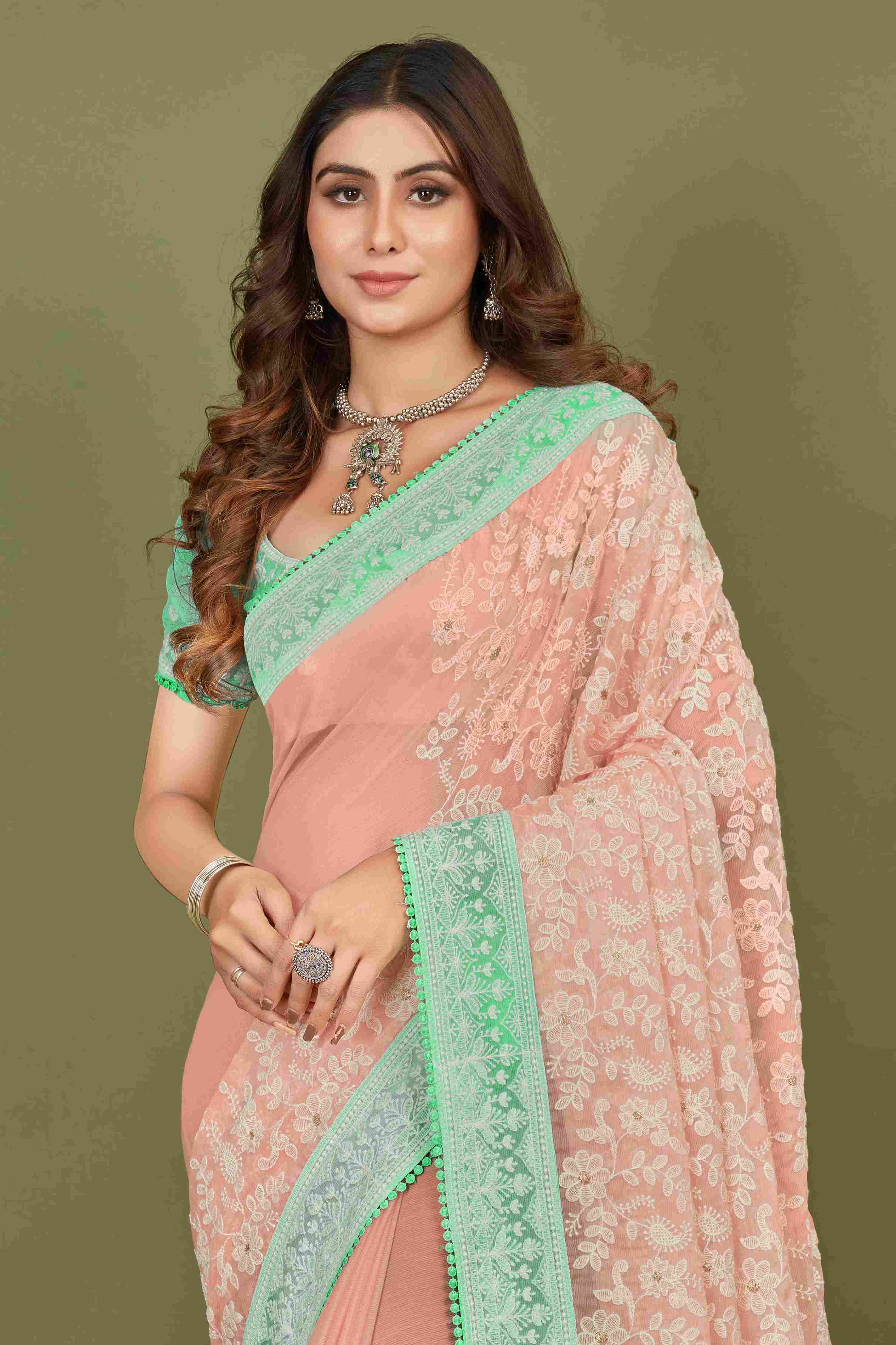 Peach Chiffon Embroidery Work Saree