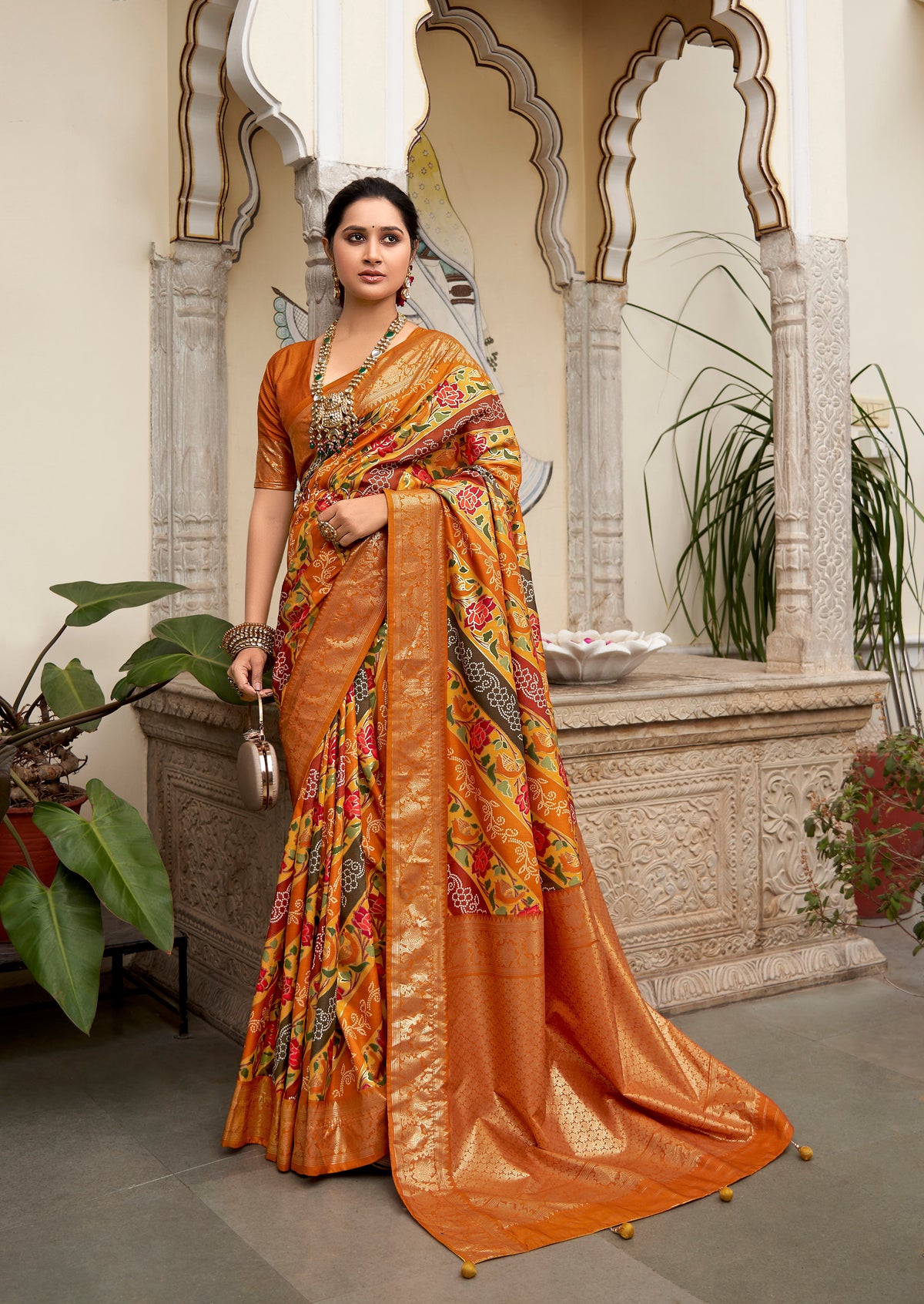 Rust Gold Velvet Tussar Silk Floral Print Saree-3866