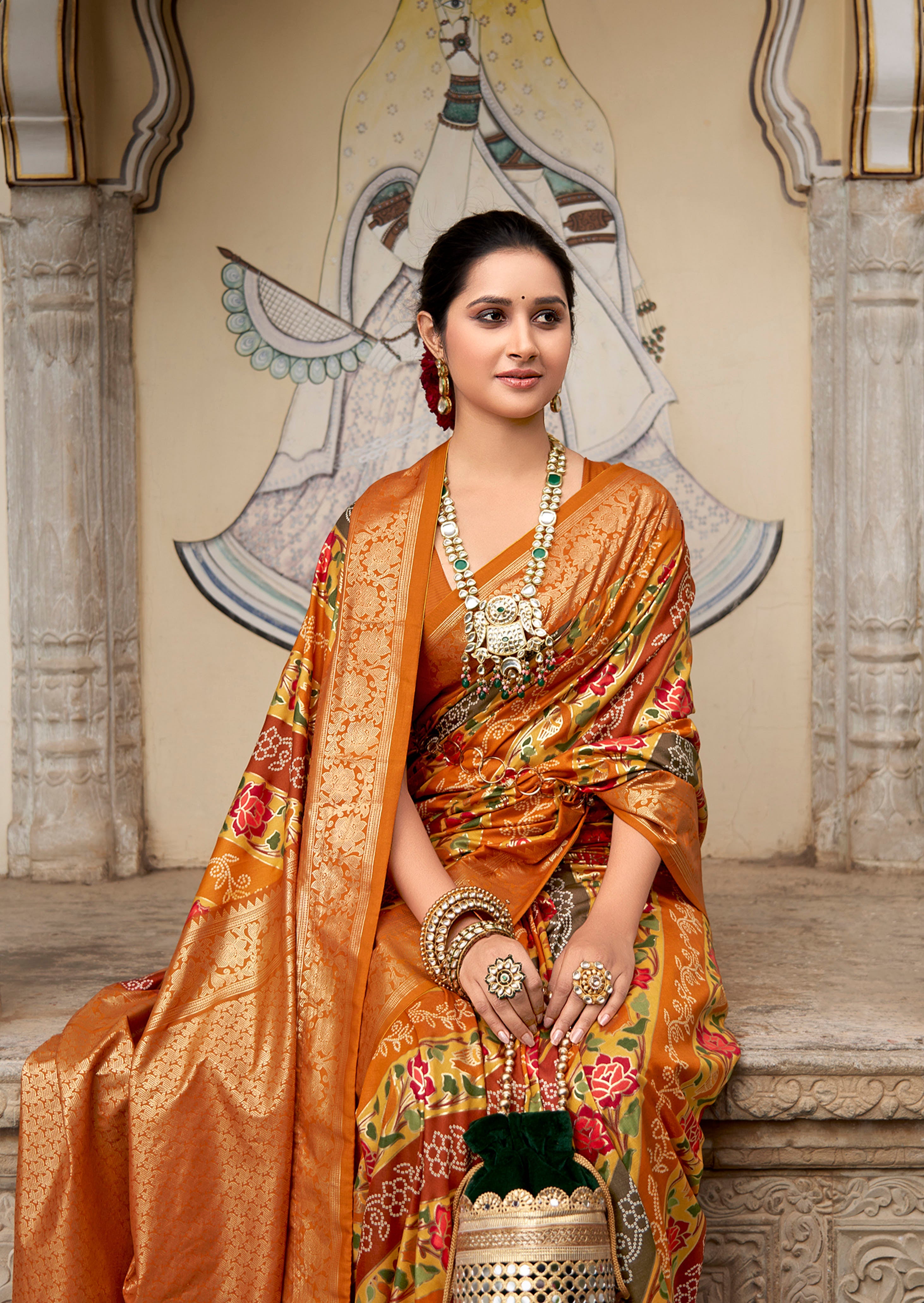 Rust Gold Velvet Tussar Silk Floral Print Saree-3866