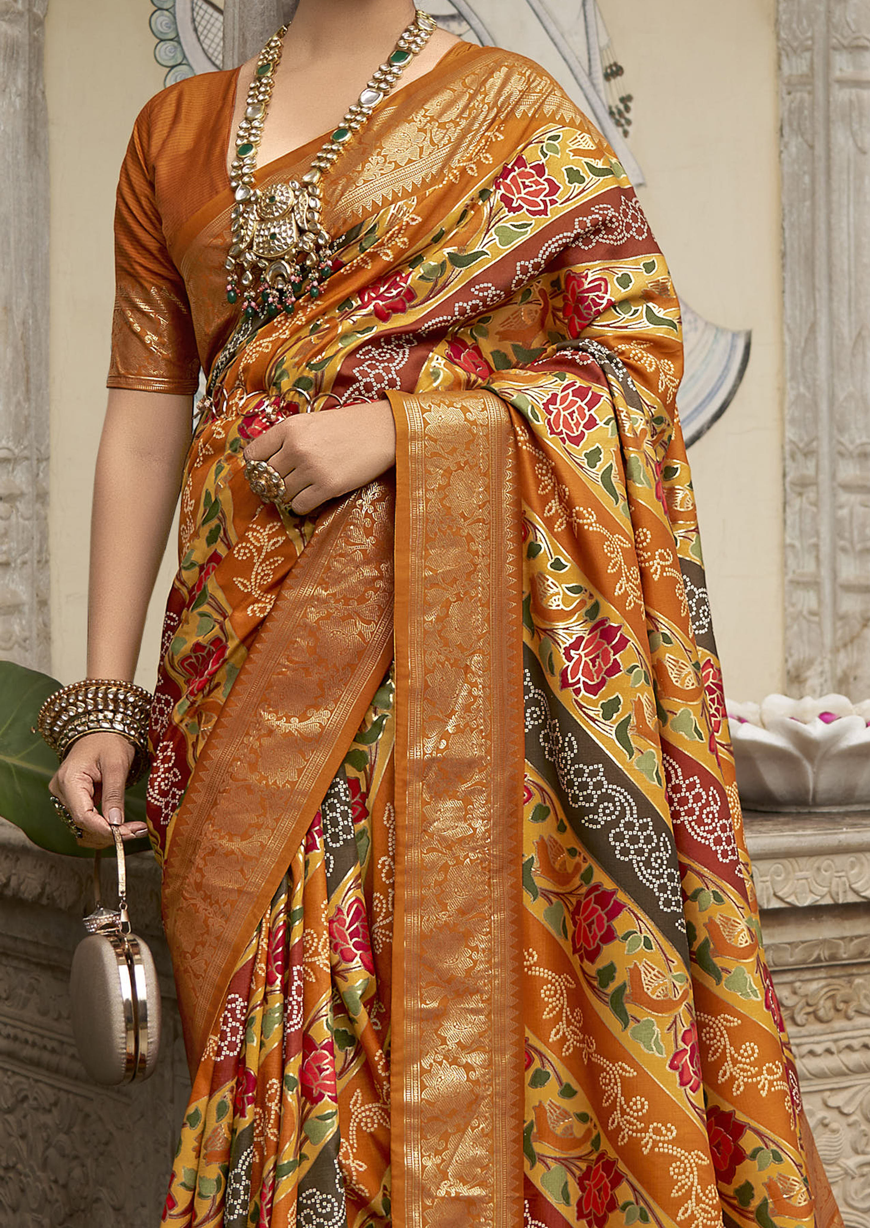 Rust Gold Velvet Tussar Silk Floral Print Saree-3866