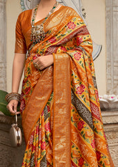 Rust Gold Velvet Tussar Silk Floral Print Saree-3866