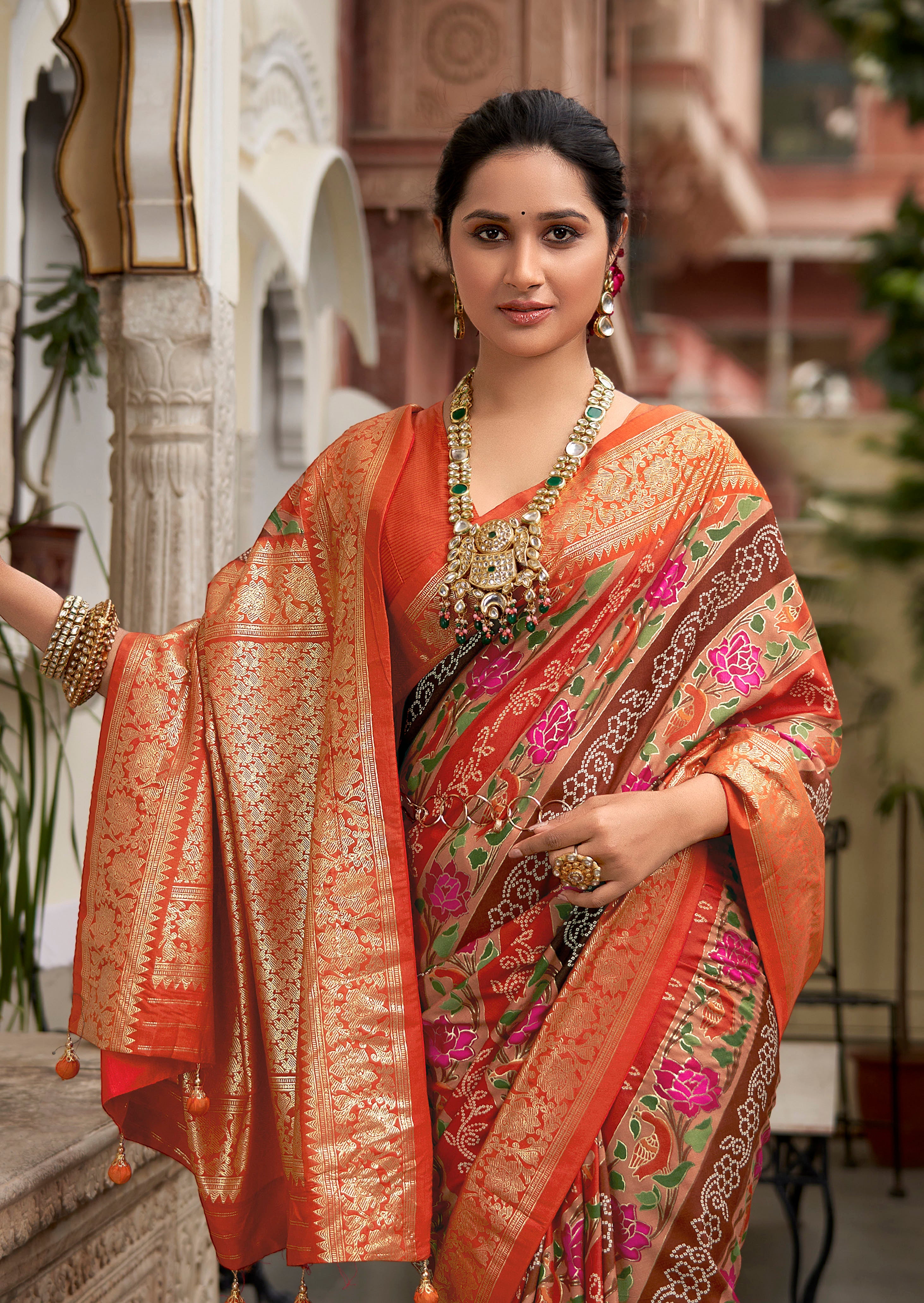 Orange Velvet Tussar Silk Floral Print Saree-3869