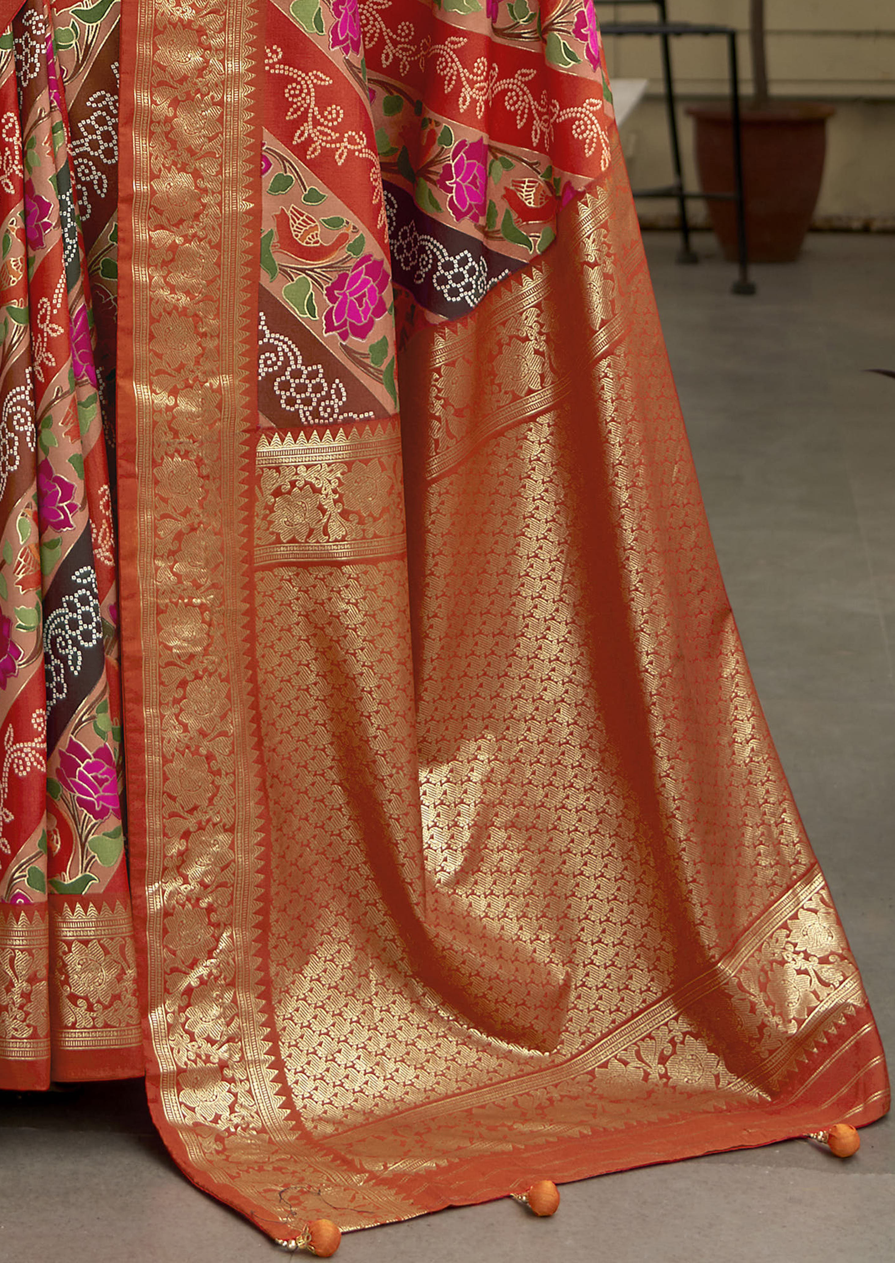 Orange Velvet Tussar Silk Floral Print Saree-3869