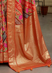 Orange Velvet Tussar Silk Floral Print Saree-3869