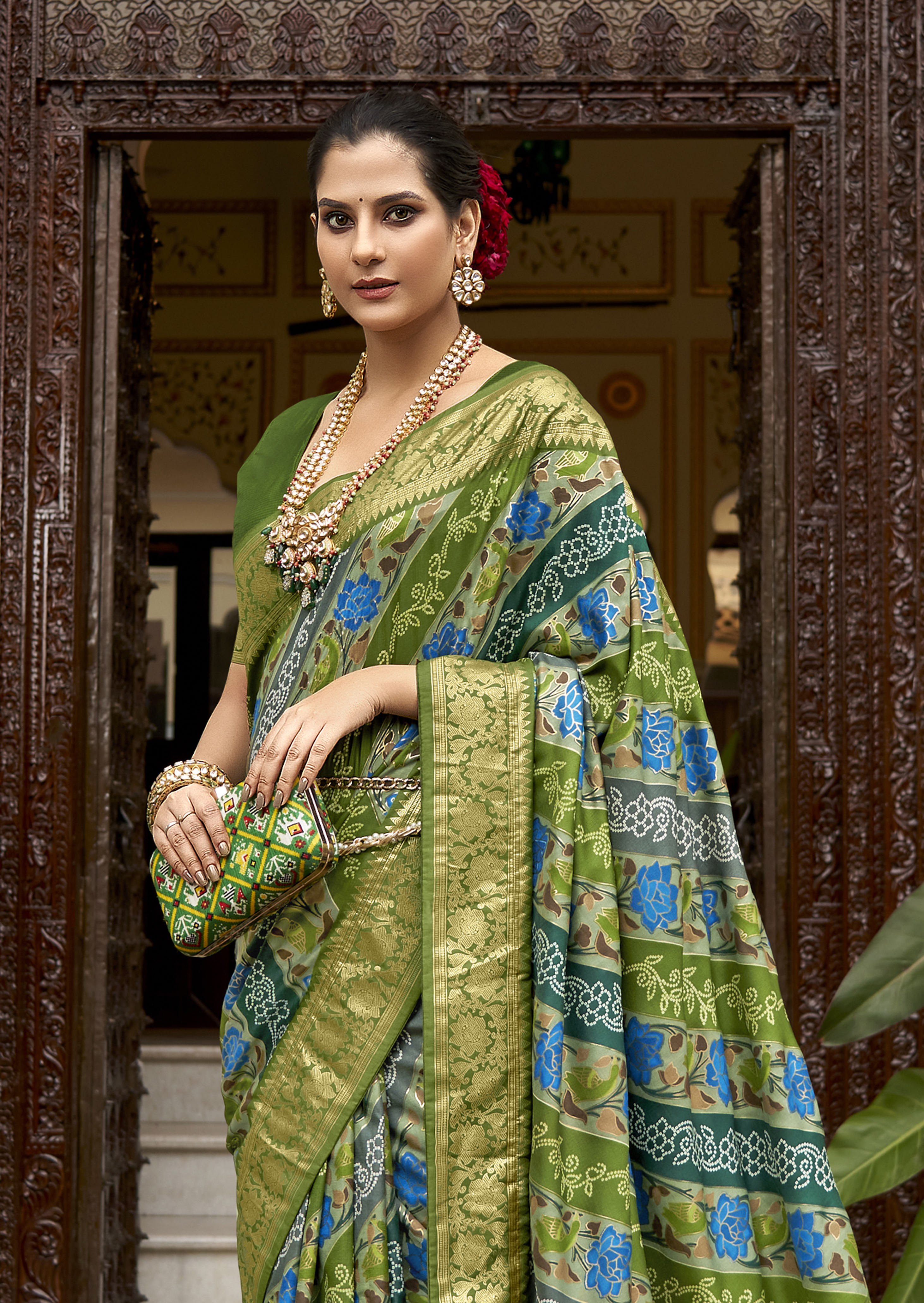 Green Velvet Tussar Silk Floral Print Saree-3870