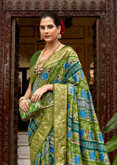 Green Velvet Tussar Silk Floral Print Saree-3870