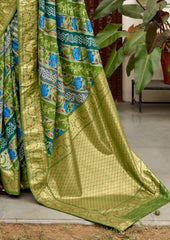 Green Velvet Tussar Silk Floral Print Saree-3870