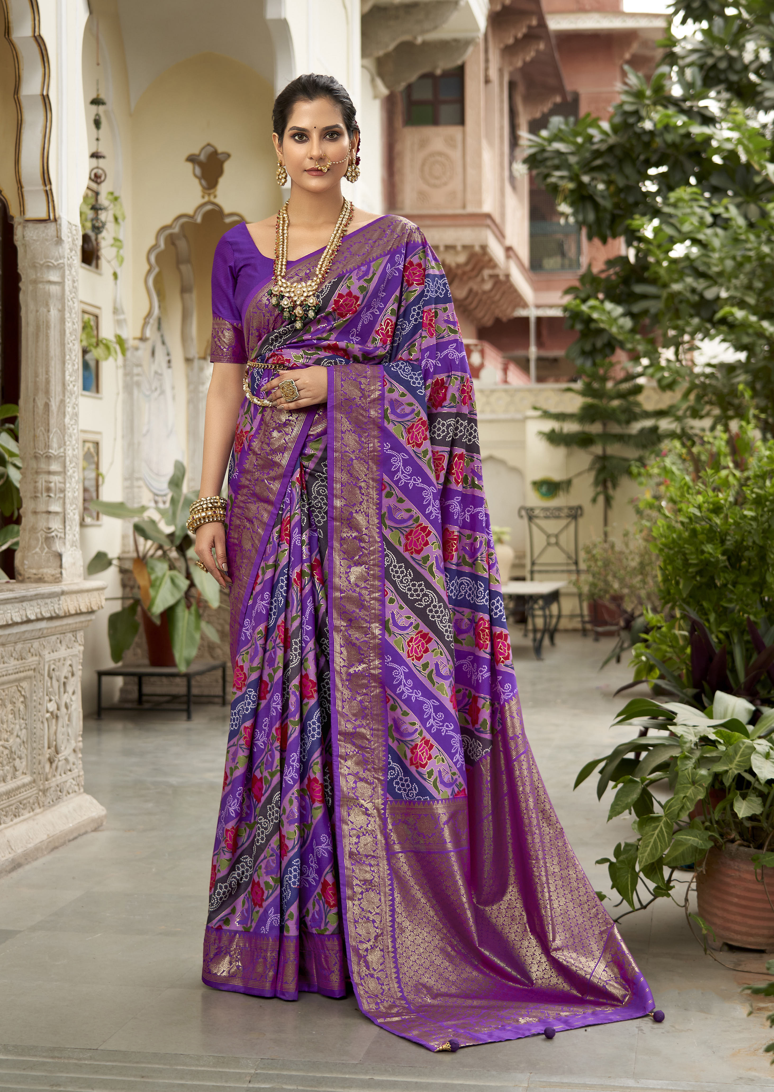 Purple Velvet Tussar Silk Floral Print Saree-3871