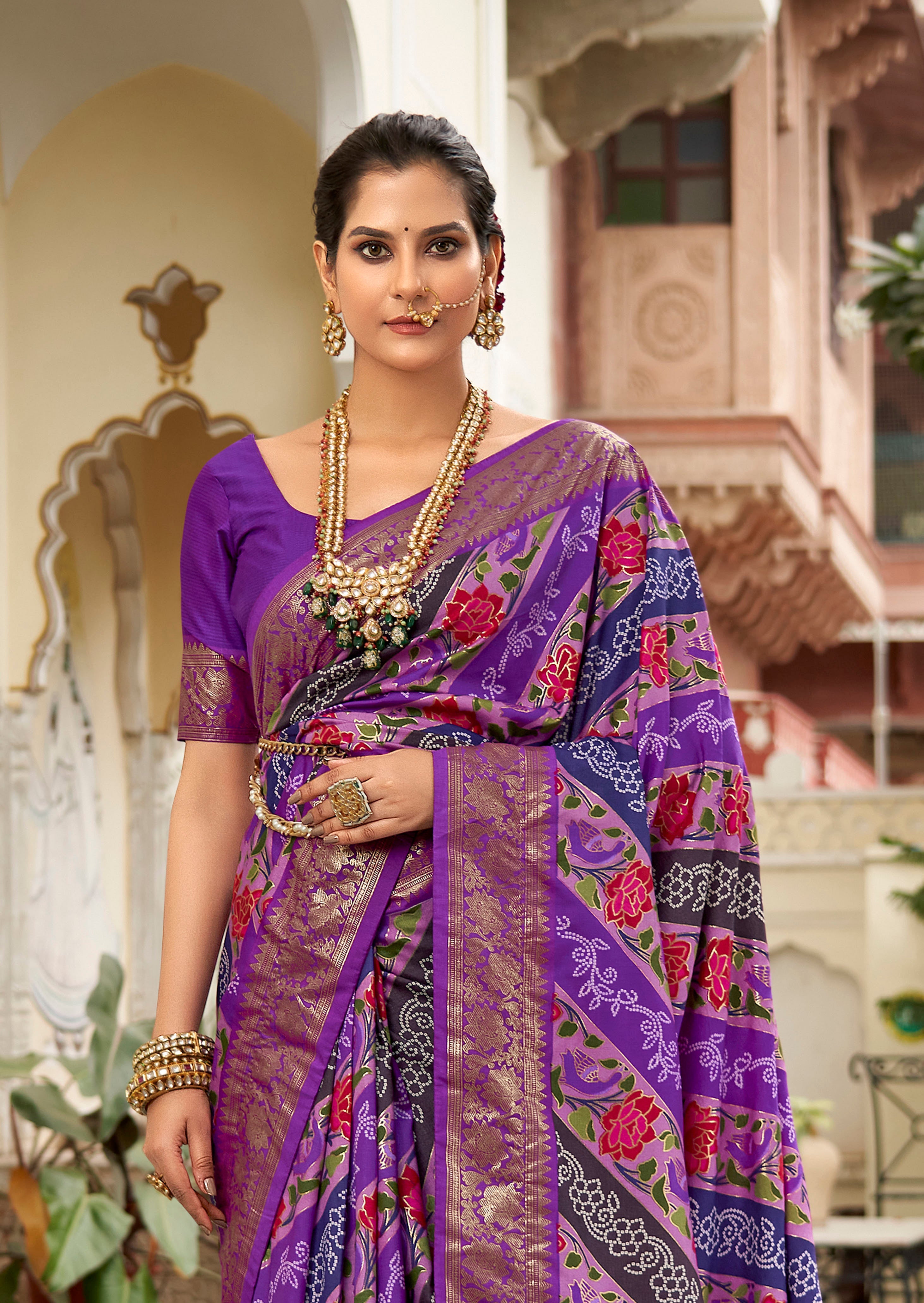 Purple Velvet Tussar Silk Floral Print Saree-3871