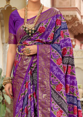 Purple Velvet Tussar Silk Floral Print Saree-3871