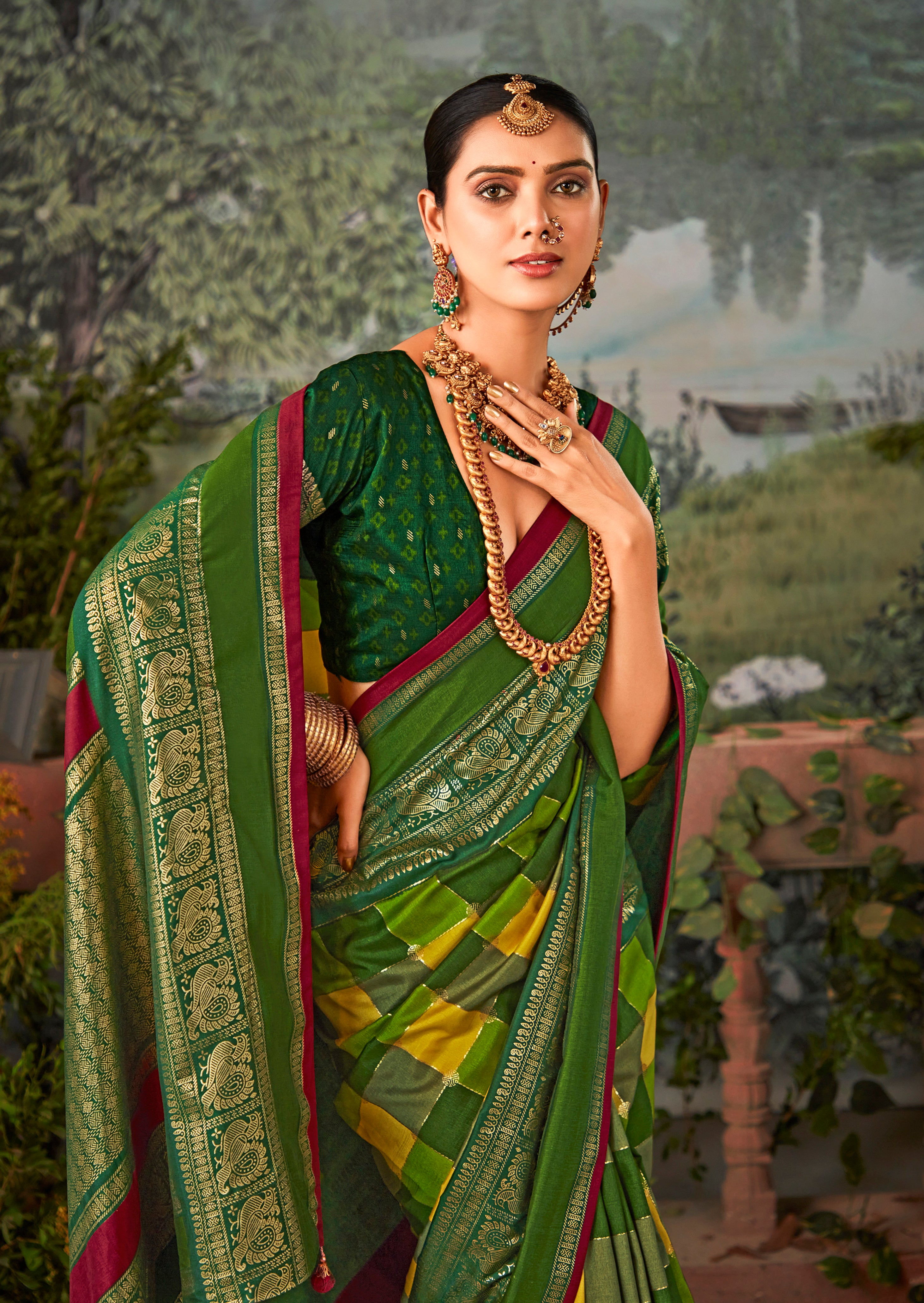 Tussar Silk Block Print Green Saree