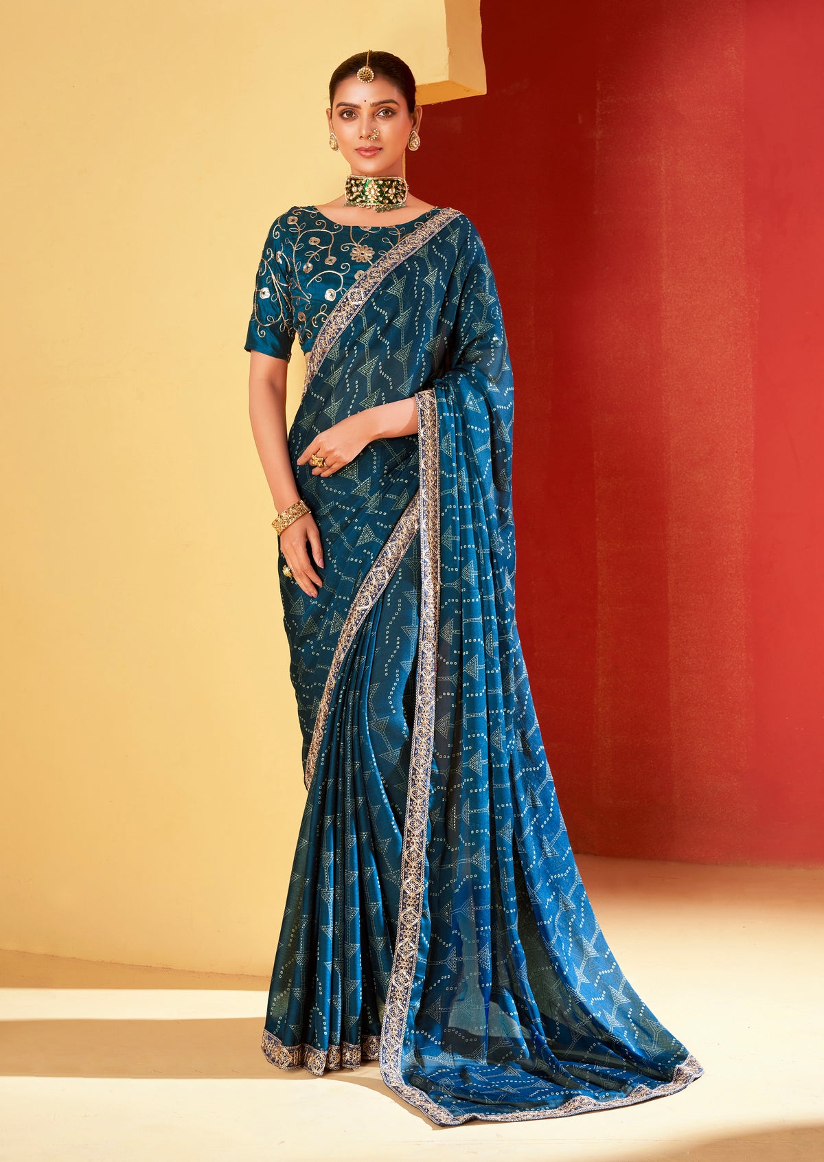 Nice Blue Moss Chiffon Foil Print Saree