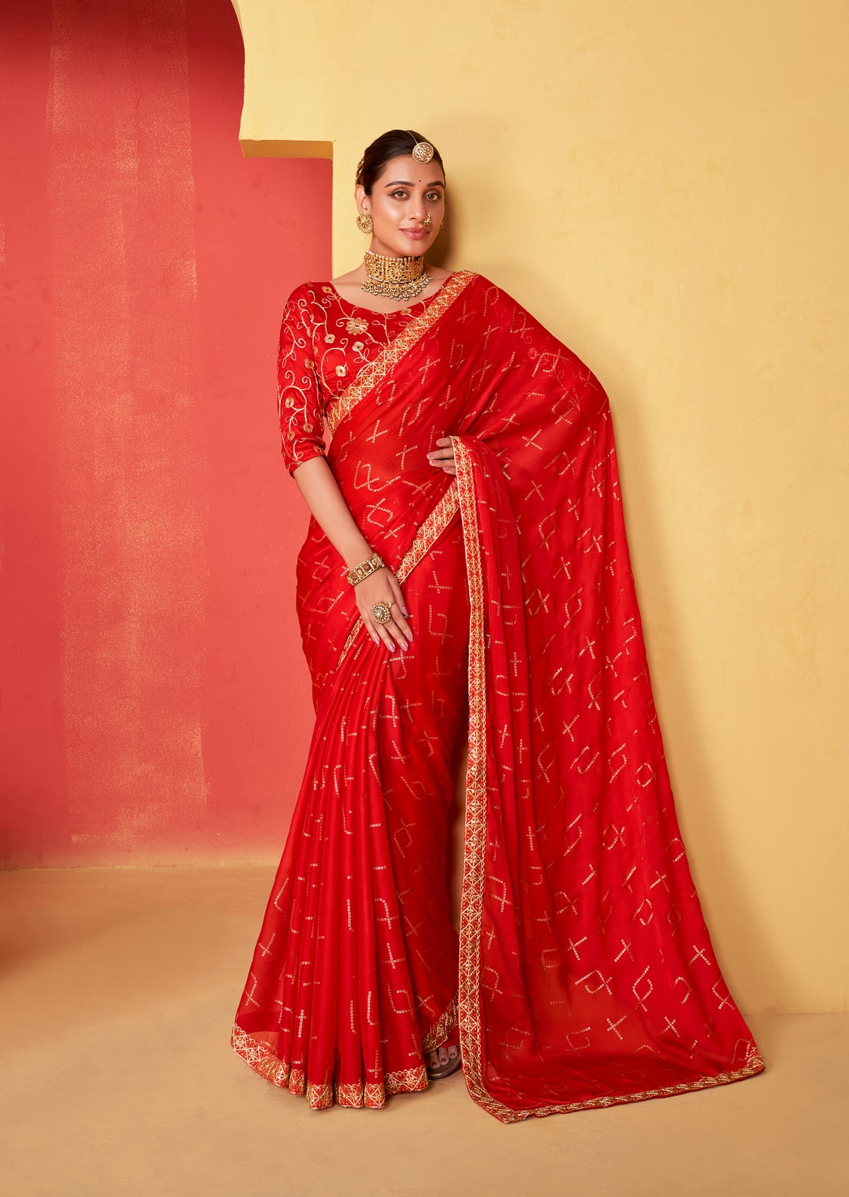 Venetian Red Moss Chiffon Foil Print Saree