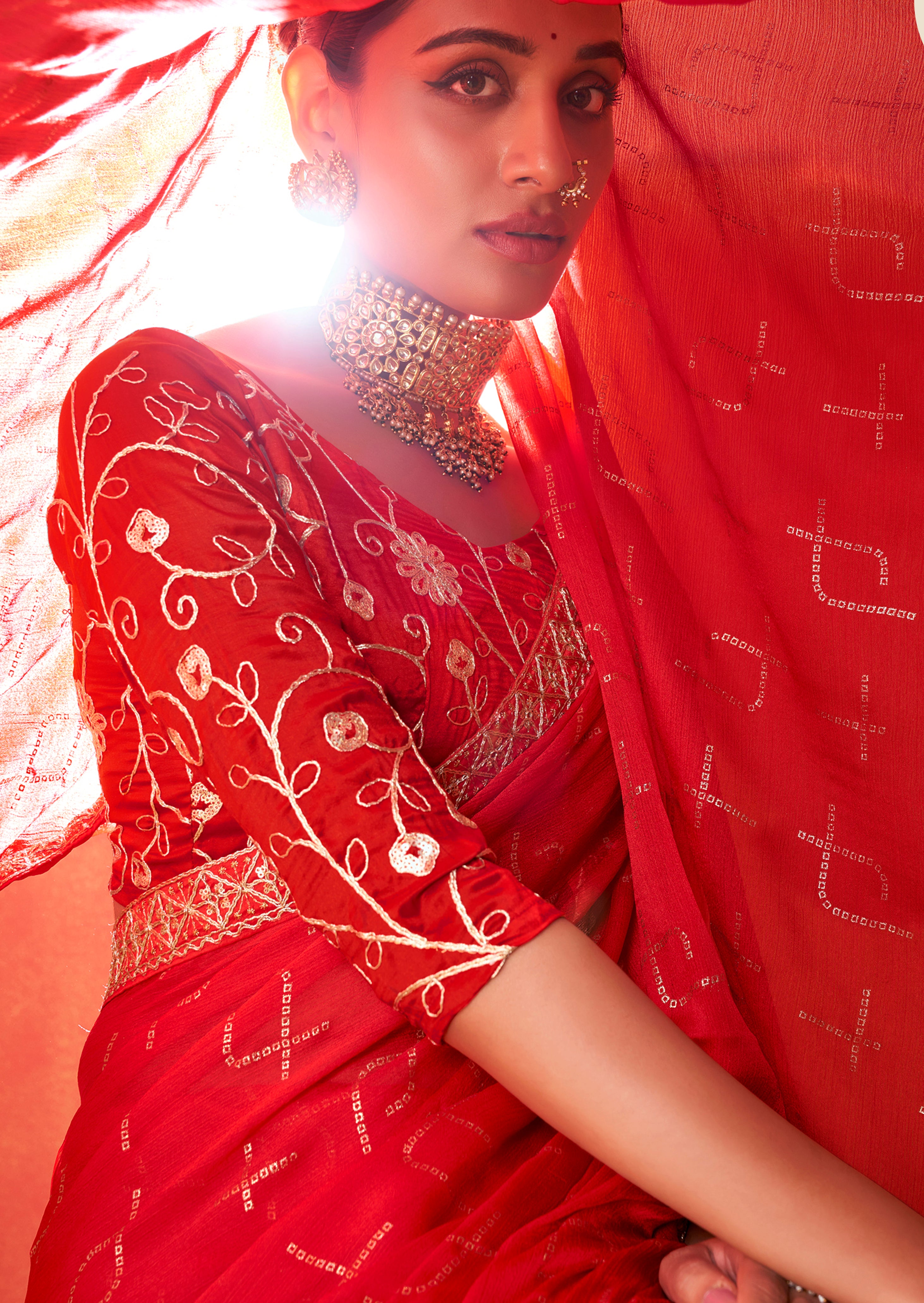 Venetian Red Moss Chiffon Foil Print Saree