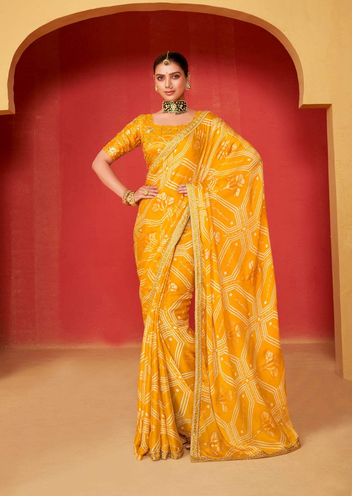 Tahiti Gold Moss Chiffon Foil Print Saree