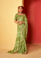 Drab Green Moss Chiffon Foil Print Saree