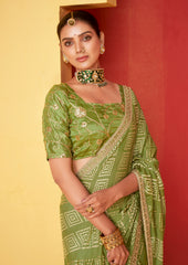 Drab Green Moss Chiffon Foil Print Saree