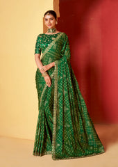 Pine Green Moss Chiffon Foil Print Saree