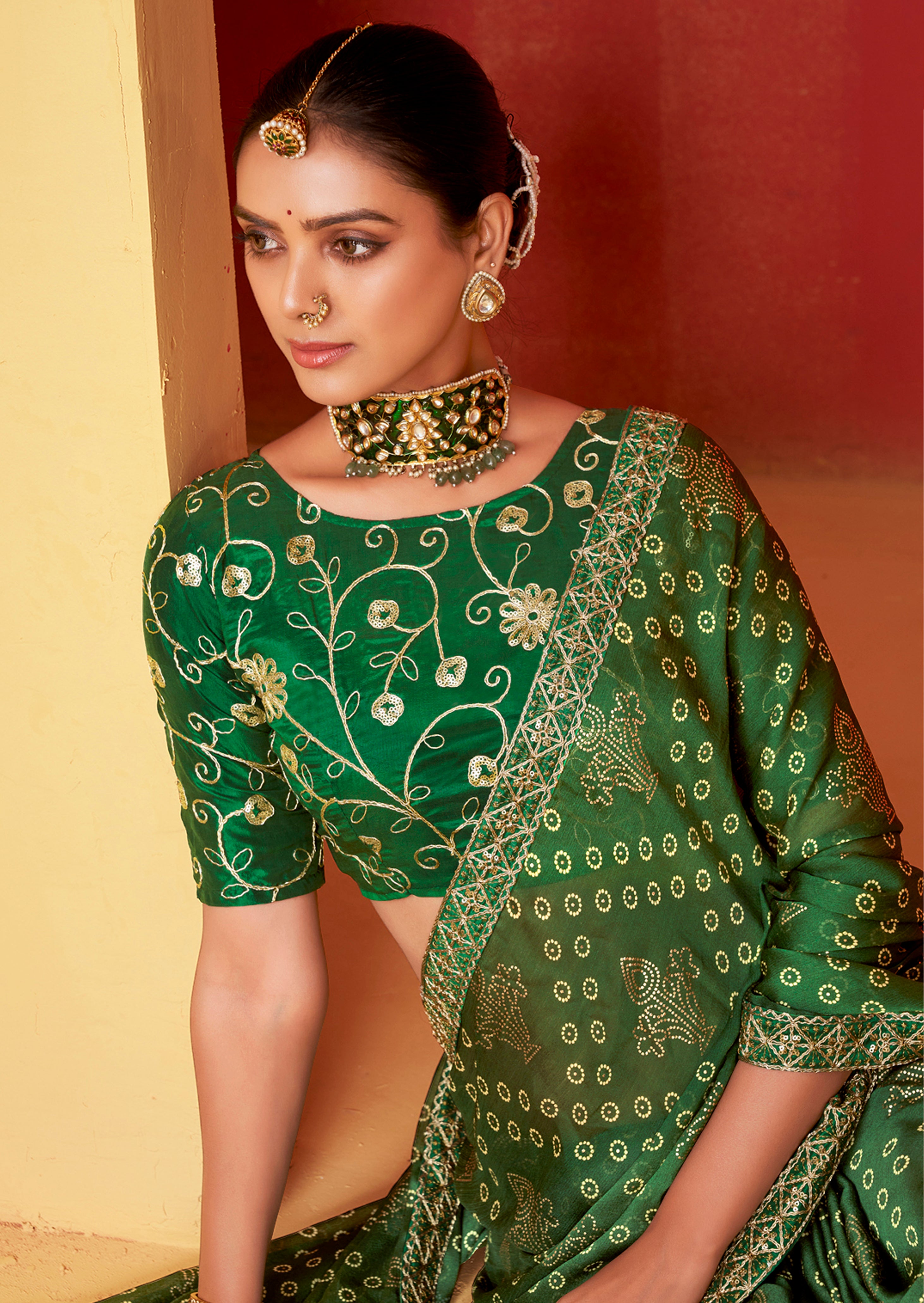 Pine Green Moss Chiffon Foil Print Saree