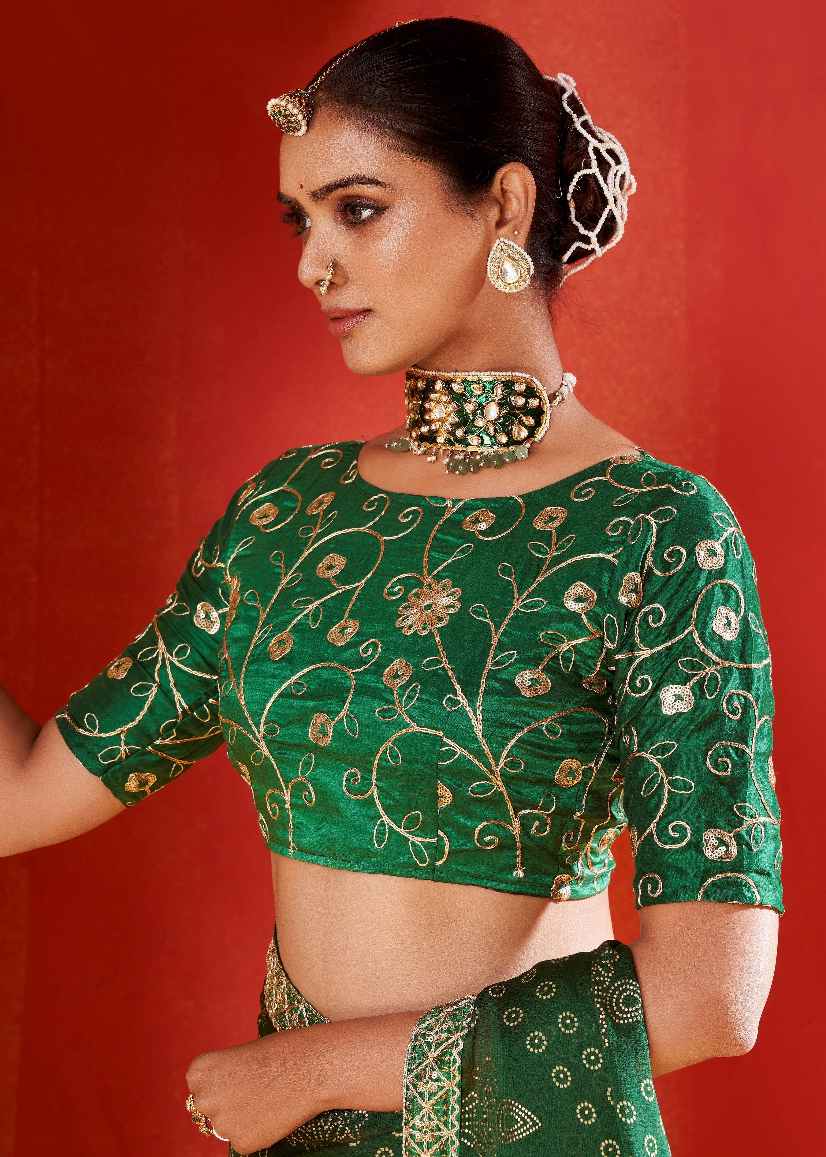 Pine Green Moss Chiffon Foil Print Saree