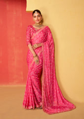 Red Pink Moss Chiffon Foil Print Saree