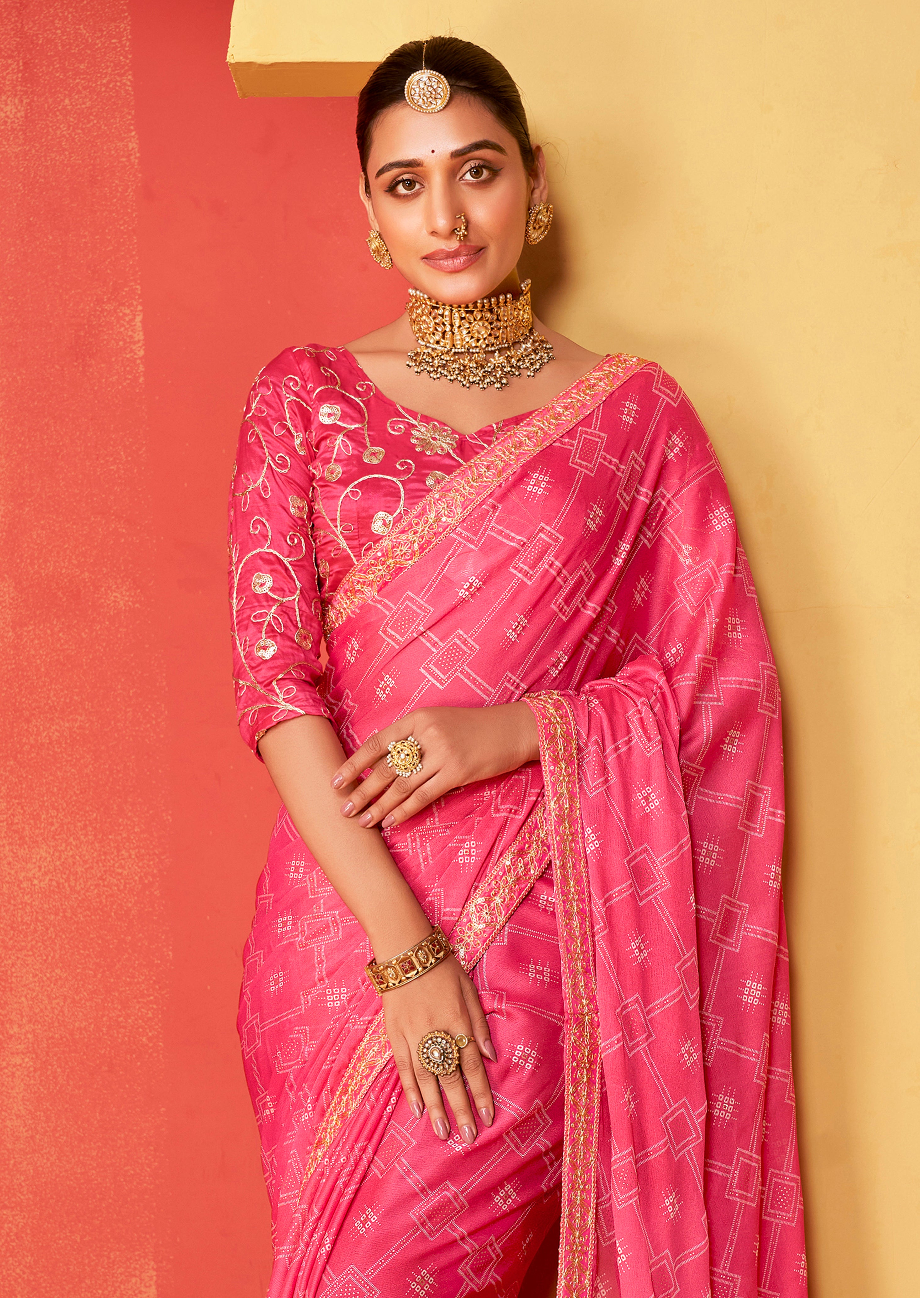 Red Pink Moss Chiffon Foil Print Saree