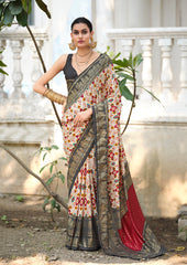 Off White Grey Tussar Silk Ikkat Print Saree