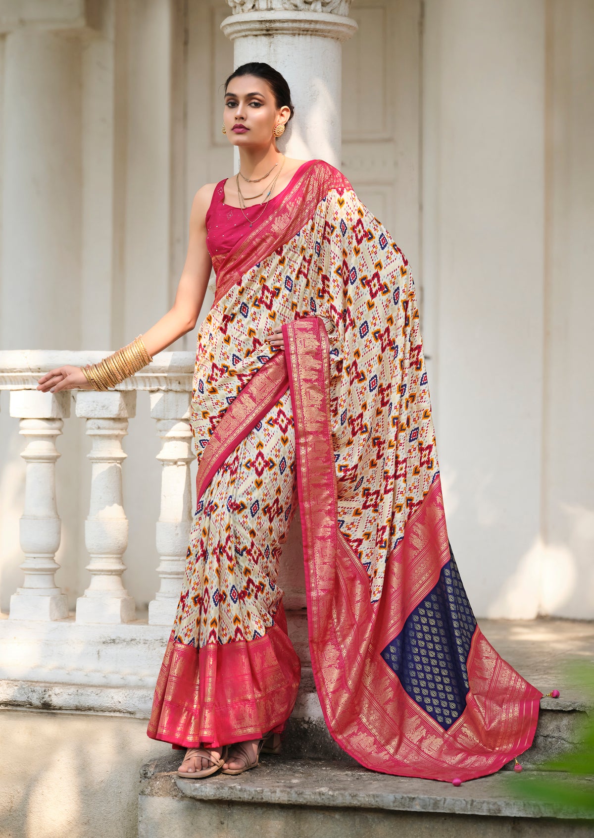 Off White Pink Tussar Silk Ikkat Print Saree