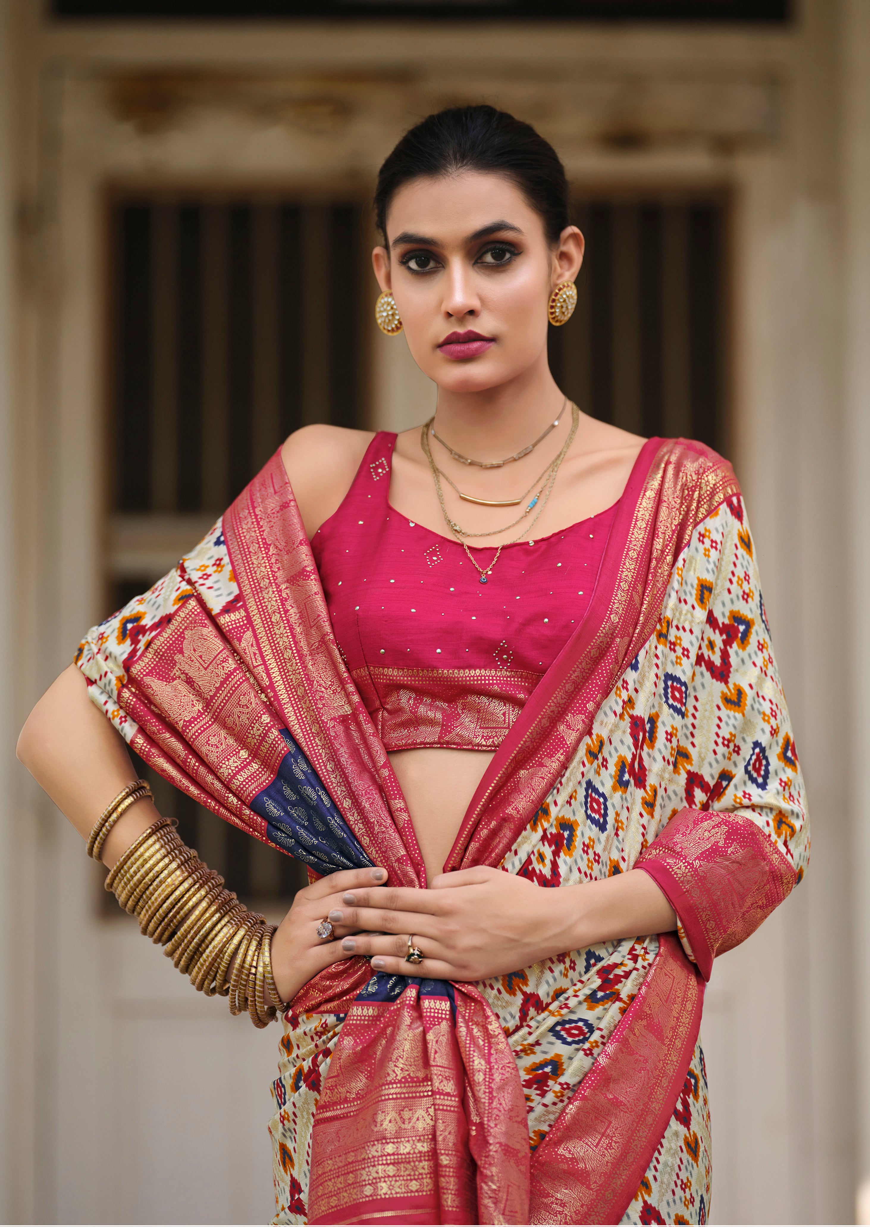 Off White Pink Tussar Silk Ikkat Print Saree