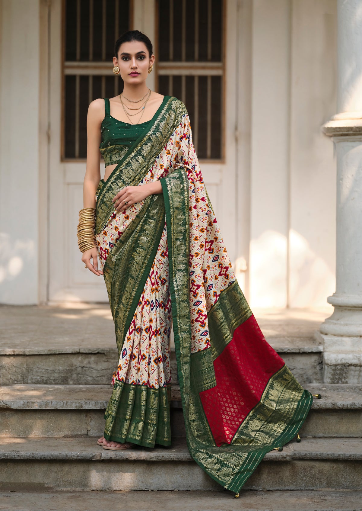 Off White Green Tussar Silk Ikkat Print Saree