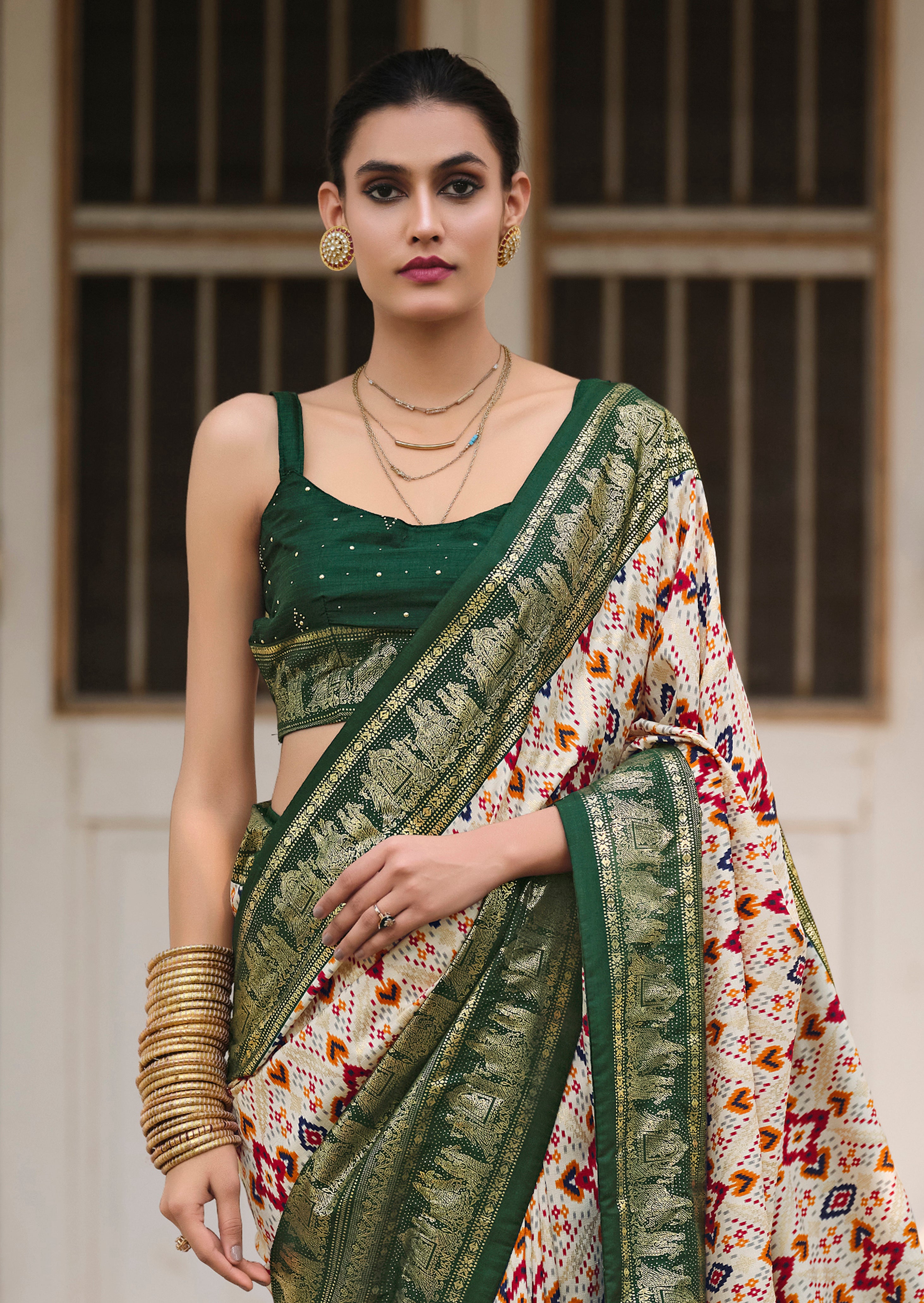 Off White Green Tussar Silk Ikkat Print Saree